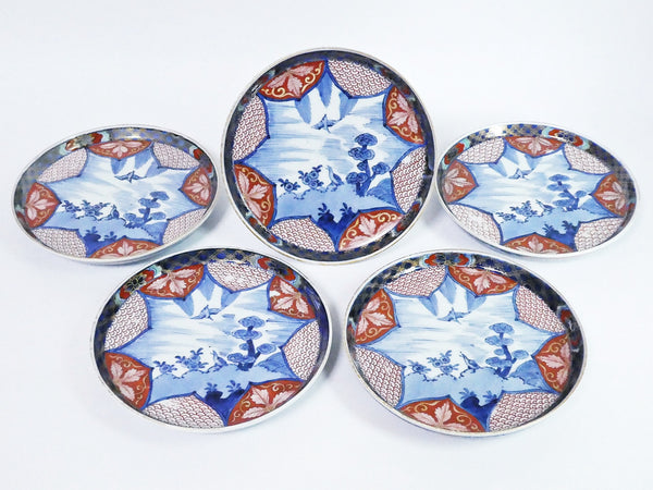 古伊万里　色絵　花鳥図　青海波　五寸皿　五枚
