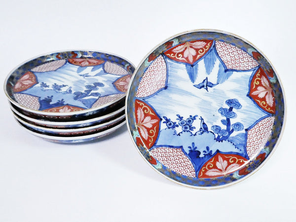 古伊万里　色絵　花鳥図　青海波　五寸皿　五枚
