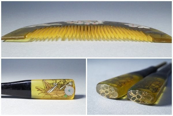 螺鈿 金彩 折鶴 アンティーク 櫛かんざし 笄 松に菊 – n3curio